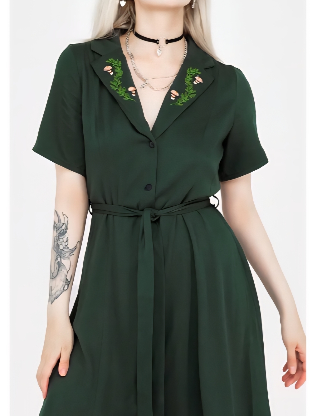 Disturbia Dark Green Embroidered Collar Midi Dress